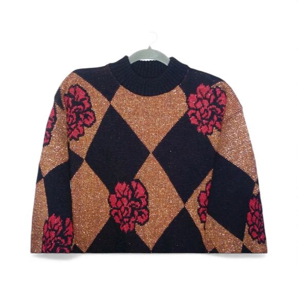VTG DANA SCOTT Sweater Womens Sz M Red Gold harlequin/floral OVERSIZED pullover - Picture 3 of 7